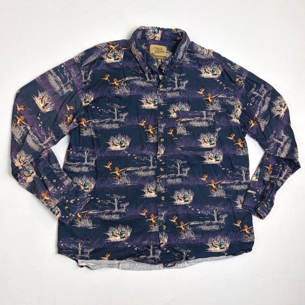 Outdoor Life Field Tested Mens Mallard Duck Print Shirt Navy Blue Long Sleeve XL
